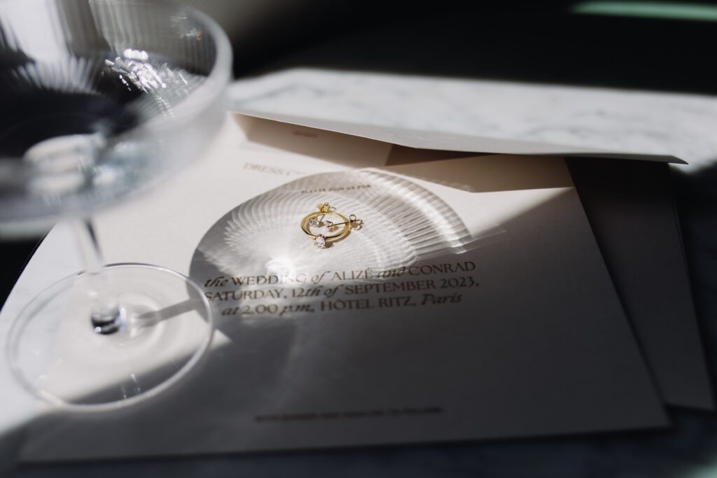 Champagner Glas Hochzeits Papeterie und Hochzeitsringe