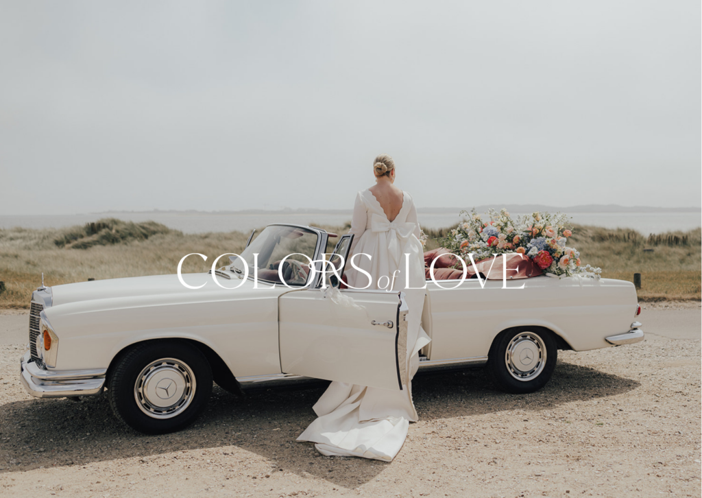 Braut mit Hochzeitsauto und dem LOGO der Wedding Planner Agentur